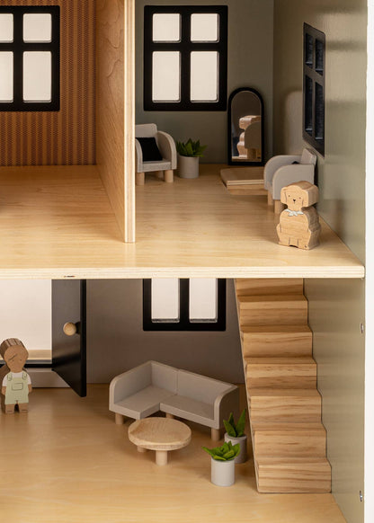 Maison de poupée en bois, meubles et accessoires de salon (10 pièces)