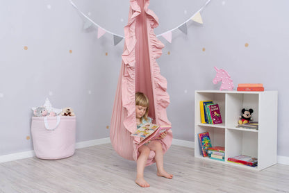 Balançoire à Cocoon Suspendue Rose Poudré avec Volants - Accessoire de Jeu pour Enfants