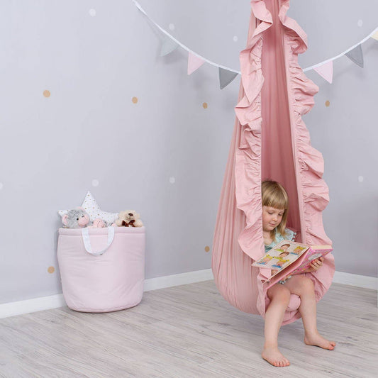 Balançoire à Cocoon Suspendue Rose Poudré avec Volants - Accessoire de Jeu pour Enfants