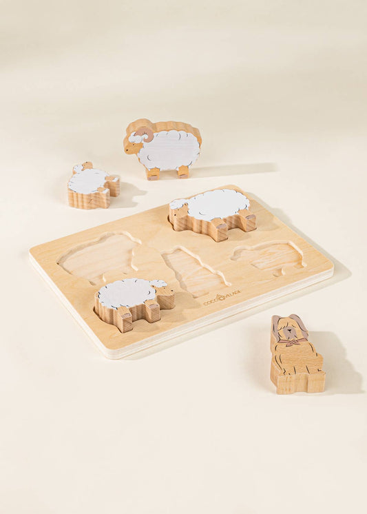 Set de 5 animaux de berger sur assiette en bois